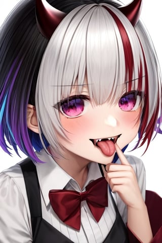 (masterpiece),(best quality), 

1girl, solo, looking at viewer, blush, smile, short hair, simple background, black hair, red eyes, white background, dress, bow, upper body, white hair, red hair, multicolored hair, horns, tongue, tongue out, bowtie, streaked hair, fangs, purple bow, purple bowtie, uneven eyes, akanbe
