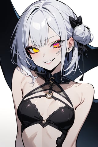 1girl,luna,SFW,masterpiece,best quality,4k,ridiculous,glitter eyes,smirk,2D,single shot,clear color,white outline,white hair,(charming),((goth)),( Moha), (shaved) hairstyle, golden eyes, sexy