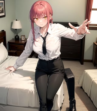 1girl, room, bed, shirt, tie, black trousers, Full HD, sexy pose, good detail ,makima \(chainsaw man\),makimacsm