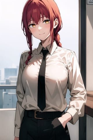 makima-csm, 1girl, solo, masterpiece, high_res, red hair, one long braid, golden eyes, ringed_eyes, elegant suit, black suit jacket, closed jacket, black necktie, white shirt, black pants, lighting, white belt, upper_body, big_boobs, smile, red color effect 