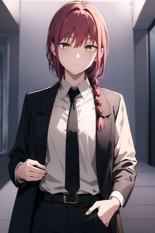 makima-csm, 1girl, solo, masterpiece, high_res, red hair, one long braid, golden eyes, ringed_eyes, elegant suit, black suit jacket, closed jacket, black necktie, white shirt, black pants, lighting, white belt, upper_body