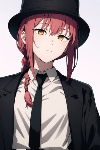 makima-csm, 1girl, solo, masterpiece, high_res, red hair, one long braid, golden eyes, ringed_eyes, elegant suit, black suit jacket, closed jacket, black necktie, white shirt, black pants, black top-hat, white belt, upper_body