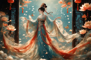 1girl, solo, long hair, black hair, hair ornament, long sleeves, dress, holding, jewelry, standing, full body, flower, earrings, hair bun, light blue dress, sparkle, chinese clothes, single hair bun, bug, white flower, butterfly, tassel, forehead mark, candle, lotus,dunhuang