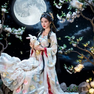 (realistic:1.4), On the moon lives Chang'e, the beautiful moon goddess. She has flawless porcelain skin and long black hair adorned with flowers. Chang'e wears an elegant long white dress embroidered with silver stars. She dances gracefully on the moon, her dress and hair flowing softly. In her arms she tenderly cradles a plump white moon rabbit. Chang'e's serene face glows under the moonlight as she gazes down at the earth. The magical Moon Palace shimmers around her. The laurel tree sways gently beside the divine Chang'e and her moon rabbit.