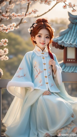 Pixar animated movie scene style, Chinese house style, in the morning light, plum blossom bloom, sunray through the leaves, a beautiful and cute little girl with beautiful eyes, red hair, light blue winter hanfu dress, sitting on the railing, perfect face, smiling happily, 32k ultra high definition, Pixar movie scene style, realistic high quality Portrait photography, eternal beauty, the lantern behind her emits a soft light, beautiful and dreamy, the flowers are in bloom, and the light bokeh serves as the background.