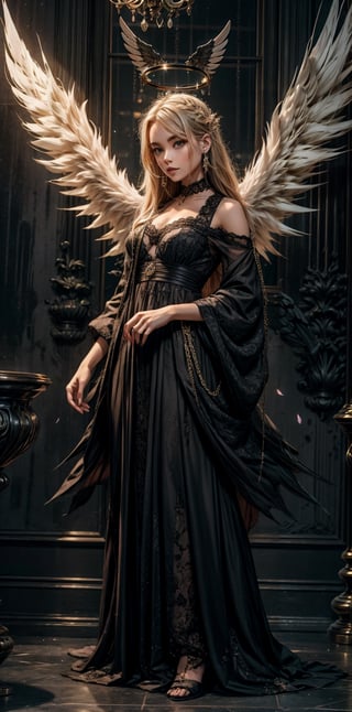 1girl, solo, long hair, looking at viewer, bangs, hair ornament, long sleeves, dress, standing, purple eyes, full body, flower, white hair, wings, choker, hair flower, wide sleeves, black dress, halo, feathered wings, black wings, angel wings, long dress, angel