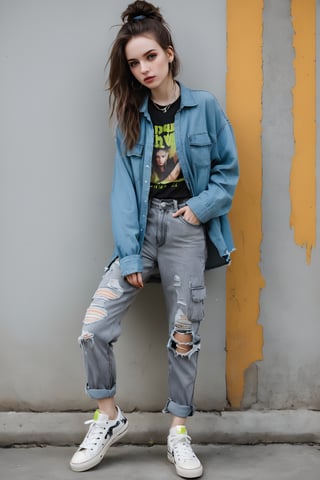 Girl portrait, style by Pajaritito490. Line and ink color painting, 1girl, solo, grunge fashion, distressed jean, oversized ripped flannel shirt layered over graphic band tee, cargo pants, worn-out sneakers paired with neon accent accessories, grey eyes, pale skin, look at viewer,