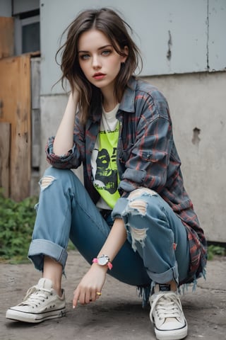 Girl portrait, style by Pajaritito490. Line and ink color painting, 1girl, solo, grunge fashion, distressed jean, oversized ripped flannel shirt layered over graphic band tee, cargo pants, worn-out sneakers paired with neon accent accessories, grey eyes, pale skin, look at viewer,