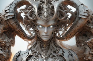 1 beautiful female demon, 3D elements. full body, poly-hydro-morphism, Fibonacci based composition, Beautiful glamorous woman, symmetrical face, white ceramic skin, using an intricate opalescent armor, DonMCyb3rN3cr0XL ,Gric