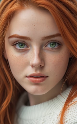 (best quality, 4k, 8k, highres, masterpiece:1.2), ultra-detailed, photorealistic, photography, 1girl, solo, long hair, looking at viewer, green eyes, orange hair, blurry, sweater, lips, eyelashes, blurry background, portrait, freckles, realistic, white sweater