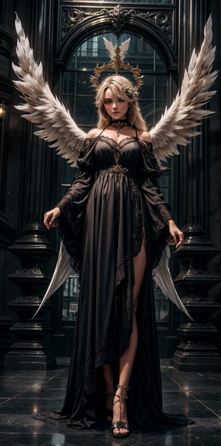 1girl, solo, long hair, looking at viewer, bangs, hair ornament, long sleeves, dress, standing, purple eyes, full body, flower, white hair, wings, choker, hair flower, wide sleeves, black dress, halo, feathered wings, black wings, angel wings, long dress, angel