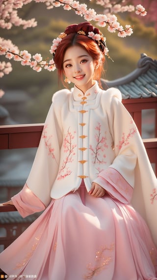 Pixar animated movie scene style, Chinese house style, in the morning light, plum blossom bloom, sunray through the leaves, a beautiful and cute little girl with beautiful eyes, red hair, pink winter hanfu dress, sitting on the railing, perfect face, smiling happily, 32k ultra high definition, Pixar movie scene style, realistic high quality Portrait photography, eternal beauty, the lantern behind her emits a soft light, beautiful and dreamy, the flowers are in bloom, and the light bokeh serves as the background.