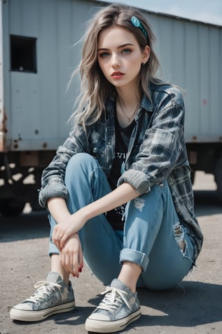 Girl portrait, style by Pajaritito490. Line and ink color painting, 1girl, solo, grunge fashion, distressed jean, oversized ripped flannel shirt layered over graphic band tee, cargo pants, worn-out sneakers paired with neon accent accessories, grey eyes, pale skin, look at viewer,