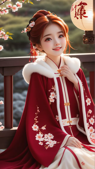 Pixar animated movie scene style, Chinese garden style, in the morning light, plum blossom bloom, sunray through the leaves, a beautiful and cute little girl with beautiful eyes, red hair, red hanfu dress, sitting on the railing, perfect face, smiling happily, 32k ultra high definition, Pixar movie scene style, realistic high quality Portrait photography, eternal beauty, the lantern behind her emits a soft light, beautiful and dreamy, the flowers are in bloom, and the light bokeh serves as the background.