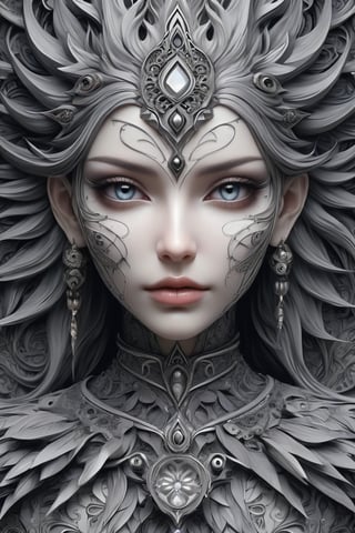 (Black and white, intricate details, close-up of a woman's face with an intricate design, 3DCGI anime fantasy artwork, necro, detailed patterned skin, abstract fragments, impressive eyes, mixed media, 3D rendering Silver painting, symmetrical beauty, ambient occlusion rendering, psytrance), Detailed Textures, high quality, high resolution, high Accuracy, realism, color correction, Proper lighting settings, harmonious composition, Behance works,ct-niji2,xxmix_girl,goth person