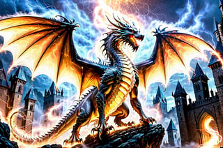 massive dragon at least 500 ft tall. standing on hind legs with wings of fire spread out wide. his scales are like diamonds. down at his feet is a medieval town. night. magical mist with magical lightning swirls inside the mist all around the dragons body. ultra realistic, centered. golden composition. extremely detailed, 