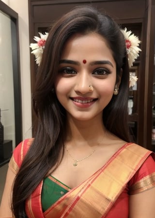 traditional south india beautfil girl,  cute nose,  brown shine hair  black hair,  with south indian festival look beautiful eyes without nose pearsing,  smiling red sariee, bagpipeqr, ,indian,tamannah bhatia,bagpipeqr,indian mall 