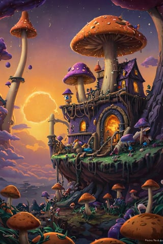 Mushroom kingdom , deep lofi colors, intricate details, by FuturEvoLab, elegant atmosphere,lofi, sunset, orange and purple sky