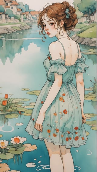 (Best quality, High quality, masterpiece, Watercolor, Pencil painting, ligne_claire, anime, Anime llustration), ((stylized art style, painted by Egon Schiele and Gustave Doré and Rembrandt), 1 girl, Abstract, Impression, Water, wet body, Flowers, Aqua, Korean, (Dress)