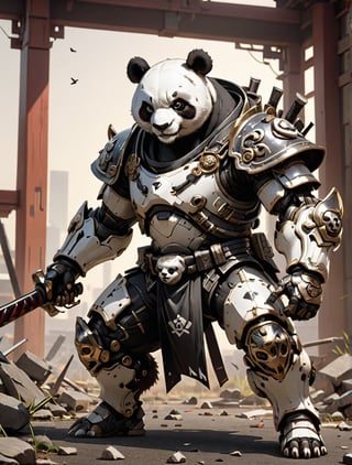 Anthropomorphic panda, Cyborg panda, black eyes, wearing  Black and white samurai clothing holding in battle pose ,holding a hammer, panda with wounds and scratches, musculated snake, anthropomorphic, anthropomorphic, full body shot, wide Angle, octane render RTX, render, realistic render, cinematic lighting 