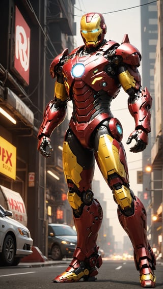 Ironman , intact, bright with neon parts,  Slender, Skinny, full body shot, wide Angle, octane render RTX, render, realistic render, cinematic lighting 