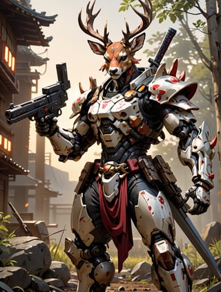 Anthropomorphic deer  , Cyborg , wearing a samurai clothing in battle pose ,holding an mushroom gun , with wounds and scratches, musculated, anthropomorphic, anthropomorphic, full body shot, wide Angle, octane render RTX, render, realistic render, cinematic lighting 