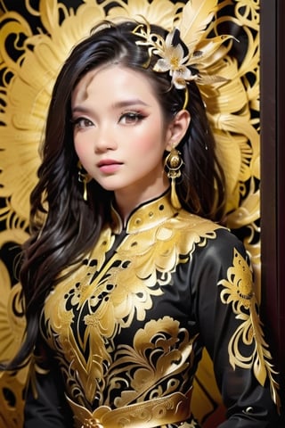 Vietnam beauty,black ao dai, gold dragon ao dai, standing near window, beautiful face enlightning, sparkling eyes, superb ao dai dress,full body potrait, high res,high detail,cute face.
