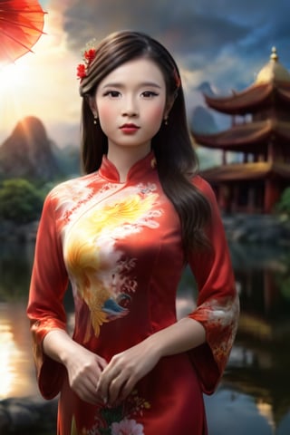 Ultra Realistic, Beautiful Vietnamese Woman, Cute, Charming, Elegant. She wear a red ao dai, mix phoenix pattern and floral, super beauty lightning of the sun, sunray, very bright photo,4k, high resolution, high details, pagoda and lake background, monks far distance, dragon in the sky