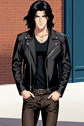 1 male, pale skin, long black hair, brown eyes, fit body, leather jacket, leather jeans, black t-shirt.