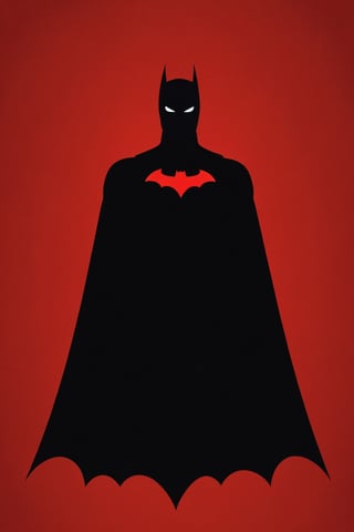 the black silhouette of the batman in front of a red background, with cape, in the style of movie poster, stark minimalism, symmetry, silhouette