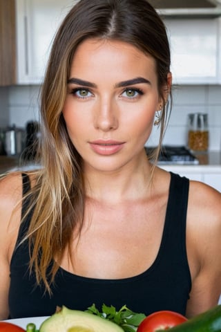 mujer joven de rostro perfecto, mujer con rasgos noruegos, mujer noruega,  sonrie para la fotografia realista, mujer en su cocina posa para una fotografia, upper body shot,