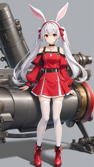 Hyper-Detailed Anime of Laffey \(Azur Lane\), 1girl, solo, long hair, looking at viewer, bangs, skirt, hair ornament, red eyes, thighhighs, long sleeves, animal ears, twintails, collarbone, jacket, full body, white hair, pleated skirt, hairband, boots, grey background, off shoulder, rabbit ears, white thighhighs, zettai ryouiki, red skirt, thigh boots, strap slip, camisole, machinery, turret, cannon, red hairband, pink jacket, searchlight,simple background,cluttered maximalism
BREAK
(rule of thirds:1.3),(thick drawing lines:1.2),perfect composition,studio photo,trending on artstation,(Masterpiece,Best quality,32k,UHD,sharp focus,high contrast,HDR,hyper-detailed,intricate details,ultra-clear:1.3),(cinematic lighting),photo_b00ster, real_booster,art_booster,ani_booster