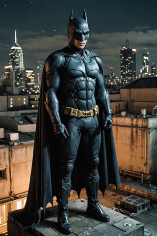 (analog photo:1.5), the batman, standing on a rooftop, night time, full body shot, cyberpunk aesthetic.,more detail XL