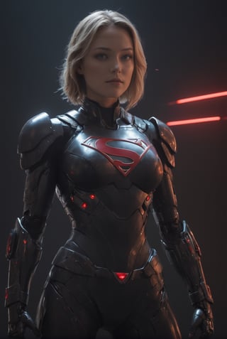 Supergirl from DC Comics. mecha robo soldier character, anthropomorphic figure, wearing futuristic black soldier armor and weapons, reflection mapping, realistic figure, hyperdetailed, cinematic lighting photography, red lighting on suit, By: panchovilla, mecha, cyborg style,Movie Still,cyborg style