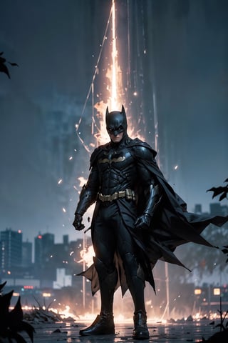 "Generate an image of batman clad in futuristic armor, standing tall amidst a battlefield, a symbol of strength and honor in the face of adversity."
