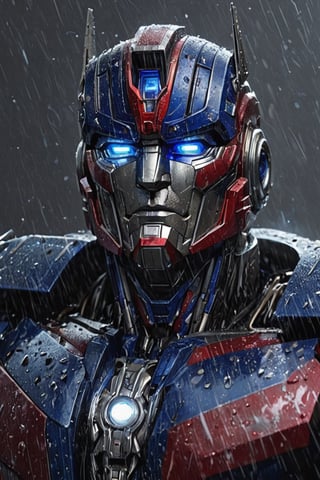 Portrait of very big body muscular Optimus Prime, very very wet rain, stormy  weather, snowing, leading, closeup, night, in front of hell, dark outfit, Detailed, with light reflection, Storming, movie, battle, many particles, hyper-realistic, award-winning, 8k