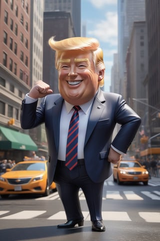 Pixar-style full-length caricature of a mischievous Donald Trump in a dynamic pose on a New York city street, wearing a suit, created by Greg Rutkowski with sharp focus, depth of field, perfect composition and intricate details. , trending on ArtStation and featured on Pixiv Fanbox, digital art, 8K HDR, ultra-realistic, with the feeling