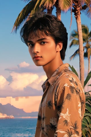 (Masterpiece, best quality), 1boy (Extreamly handsome, dark tan skin, 1980s fahion and style), Sunset behind him, palm trees, looking at viewer, contrast, 1980's aesthetic, ultra high texture, high quality, Puffy black hair, photorealistic, hyperdetailed, sharp focus, HDL, 64 megapixels, 8K resolution concept art, smooth, sharp focus, illustration, rich deep colors.,hongkong 80s,xxmixgirl,more detail XL,aw0k euphoric style