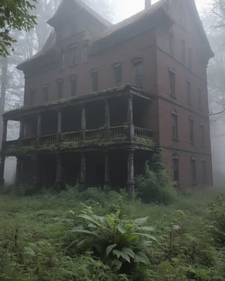 Lost place, walking around zombies, fog, psychotorium, lushy plants arounding the building