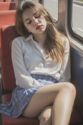 best quality, high resolution, a 20 yo cute girl, solo, sleep. sleeping, closed eyes, eyelashes, red lips, messy hair, straight hair, (blouse, skirts, shoes:1), natural lighting, sunshine, shadow, bus, seat,more detail XL