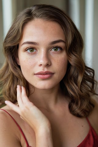 a confident, beautiful young woman. her shoulder length wavy brown hair frames her face. (freckles:0.4) natural beauty. beautiful green and brown eyes. full lips. The image has a neutral color tone with natural light setting. f/5.6 50mm, close-up, sharp focus on the eyes, (Best Quality:1.4), (Ultra realistic, Ultra high res), Highly detailed, Professional Photography, full body shot, she is wearing red dress, photo of full body, holding her hands together