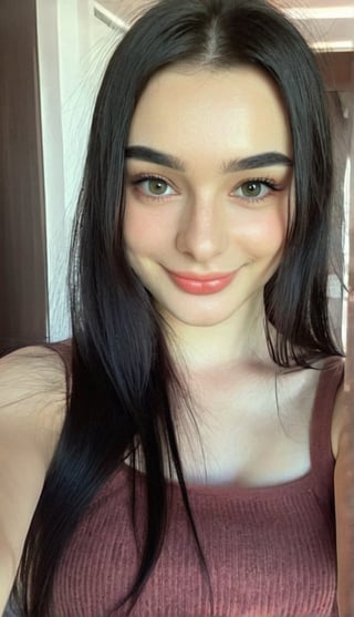 young woman with a perfect face, russian woman, smiles for realistic photography, woman poses for a photograph, selfie, full body selfie, black hairs, black eyebrows , looking at the viewer with straight face,dasha_taran