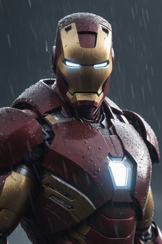 Portrait of very big body muscular Iron Man, wide  neck, very very wet rain, face  portrait, stormy  weather, snowing, leading, closeup, night, in front of hell, dark outfit, Detailed, with light reflection, Storming ، movie, battle, many particles, hyper-realistic, award-winning, 8k