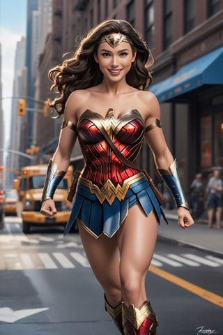 Pixar-style full-length caricature of a mischievous wonder woman in a dynamic pose on a New York city street, created by Greg Rutkowski with sharp focus, depth of field, perfect composition and intricate details. , trending on ArtStation and featured on Pixiv Fanbox, digital art, 8K HDR, ultra-realistic, with the feeling