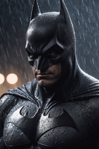 Portrait of very big body muscular batman in zacksnyder movies, wide  neck, very very wet rain, face  portrait, stormy  weather, snowing, leading, closeup, night, in front of hell, dark outfit, Detailed, with light reflection, Storming ، movie, battle, many particles, hyper-realistic, award-winning, 8k