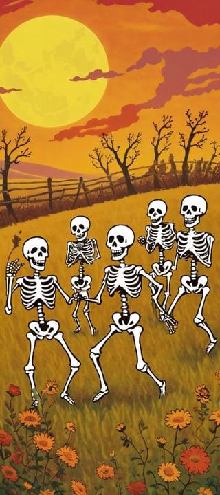 a group of skeletons dancing in a field, all skeletons, skeletons rising from the dead, film still from an cartoon, skeletons on the ground, a skeleton winning a marathon, with a skeleton army, skeletons, skeletons smoking cigars, ska skeleton and girlfriend, bones joints, skeletal omens, skeletal, the bones came together, october