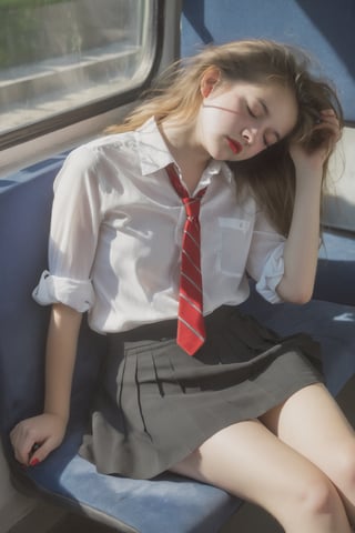 best quality, high resolution, a 16yo cute girl, solo, sleep. sleeping, closed eyes, eyelashes, red lips, messy hair, straight hair, (blouse, skirts, shoes:1), natural lighting, sunshine, shadow, bus, seat,more detail XL
