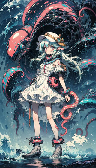 masterpiece, white backhround, beautiful, woman in a blue and white outfit with, fine details, anime, tentacles, Yoshitaka Amano style, humanoid pink female squid girl, covered with tentacles, tentacles around, Yoshitaka Amano art