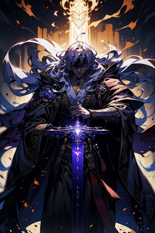 EpicGhost, (Anime style, Guvez style, long hair white robe, holding a sword, flowing white robe, blindfolded, Yang J, Zhiding, handsome art painting, beautiful character painting, Shi Tao)