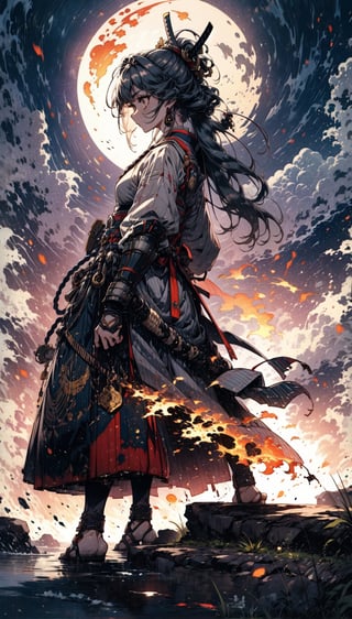A female samurai, adorned in traditional armor, facing off against a formidable opponent under the moonlight, capturing the intensity of a pivotal battle in her journey.